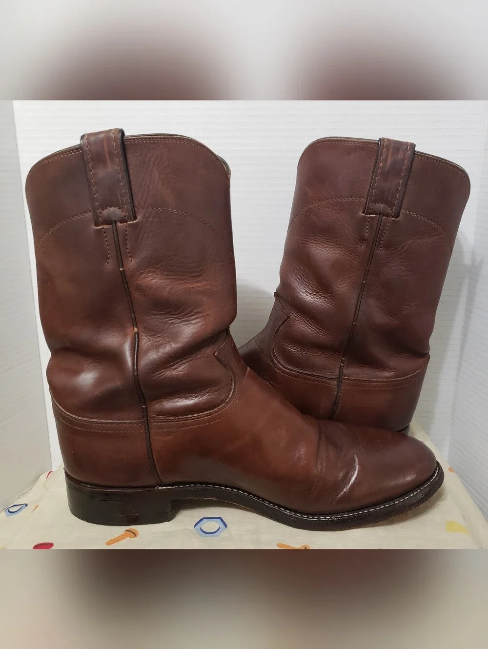 Justin Men's Bay Apache Cowhide Leather Roper Western Cowboy Boots 3408 9D Brown